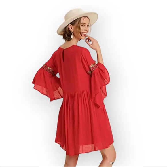 Umgee Red Adrienne Bell Sleeve Ruffle Dress S Babydoll Embroidered Boho - Picture 2 of 13